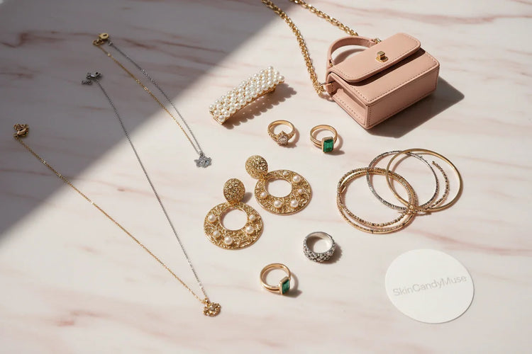SkinCandyMuse jewelry and accessories display with gold earrings, rings, bangles, pearl hair clip, and pink mini handbag on marble surface.